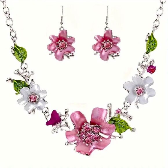 Necklace & Earring Set Flower Rhinestone Dangle Elegant Hollywood Glam Stylish - Picture 2 of 4